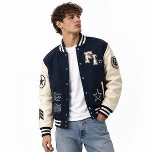 Chaquetas Personalizadas de Estilo Preppy para Hombre, Chaquetas Cálidas de Invierno con Mangas de Cuero, Logotipo en Tela Aplicada, Chaquetas Elegantes de Corte Regular para Hombre - Product Image 1