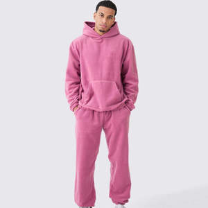 Men's <b>Pink</b> Fleece <b>Tracksuit</b> Hoodie <b>Set</b> Solid Color Casual Loose Fit Full Length Sweatpants With Side Pockets Autumn Wear - Product Image 1