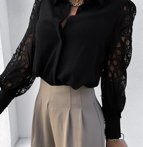Women's New Fashion Midi Natural Waist Lace Bow Button Hollow Out <b>Patchwork</b> Long Sleeve Solid Color Casual <b>Tops</b> - Product Image 6