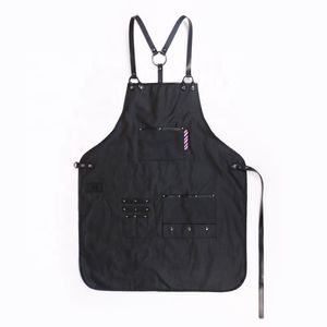 CHANGRONG Custom <b>Black</b> Leather Waterproof Cotton Canvas Beauty Salon Bib <b>Apron</b> Sleeveless Style with Pockets - Product Image 6