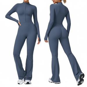 Al por mayor: Monos deportivos de una pieza para mujer, con cremallera, largos, acampanados, de secado rápido, lisos, sencillos, para gimnasio, yoga, entrenamiento y fitness - Product Image 1