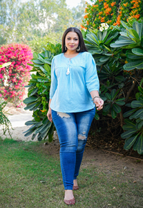 Embroidered Cotton Blend <b>Top</b> Light Blue <b>Keyhole</b> Neck Regular Sleeves Plus Size Women's SOLID Casual Wear Wholesale Ladies <b>Top</b> - Product Image 1