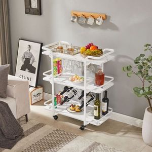 Carrello Bar Bianco a Tre Ripiani con Portabottiglie e Portabicchieri per Famiglie e Piccoli Raduni - Product Image 3