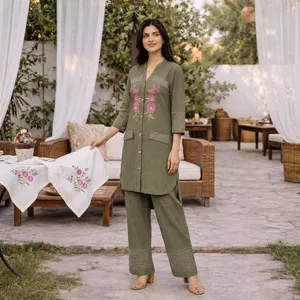 Women's Olive Green Embroidered <b>Linen</b> Cotton Kurta <b>Set</b> Three Quarter Sleeve Floral Design Casual Spring Summer Outfit - Product Image 5