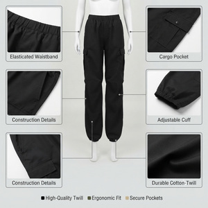 Pantalon cargo noir pour femme REDDITO, taille mi-haute élastique, coupe droite, longueur intégrale, décontracté, couleur unie, en velours côtelé, coupe-vent - Product Image 5