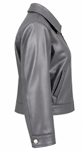 Veste en similicuir gris pour femme, col rabattu, fermeture éclair, manches longues, coupe-vent, manteau court - Product Image 3