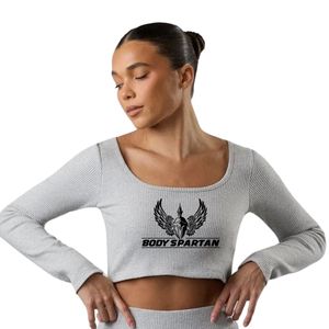 Haut court côtelé gris clair à col carré et manches longues pour femme – T-shirt décontracté extensible et ajusté, doux et élégant pour le quotidien - Product Image 1
