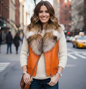 Chaleco de Cuero para Mujer con Cuello de Piel de Zorro Auténtica, Abrigo de Piel Natural Personalizado para Mujer, Chaqueta de Piel de Zorro Natural, Chaleco con Cuello Alto para Mujer - Product Image 3
