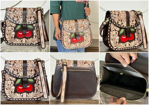 Bolso Bandolera de Cuero Genuino Hecho a Mano con Diseño Floral de Cerezas y Motivos Western, Bolsos Cruzados para Mujer - Product Image 3