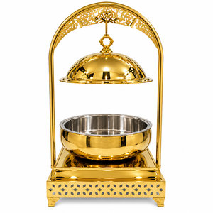Calentador de Comida Tipo Buffet de Acero Inoxidable Dorado con Diseño Elegante, Base Arqueada Decorativa, Acabado Espejo, Duradero y Sostenible - Product Image 1