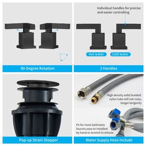 Rubinetto da Bagno Moderno a 2 Maniglie Nero Opaco con Cascata, Miscelatore a 3 Fori per Lavabo con Stile Pop - Product Image 4