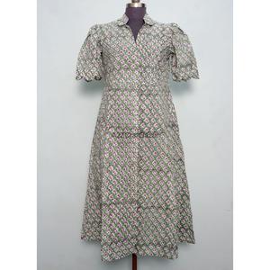 Women's Kangura Eco-friendly 100% Cotton Modern <b>Sweet</b> Floral A-Line Silhouette Midi Dress V-Neck Collar Short Sleeve Button - Product Image 1