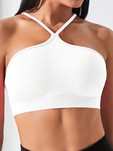 Female Halter Cross Neck Running Bra Ribbed Band Spaghetti Strap Athleisure <b>Crop</b> <b>Top</b> Custom Logo Heat Transfer Printable - Product Image 3