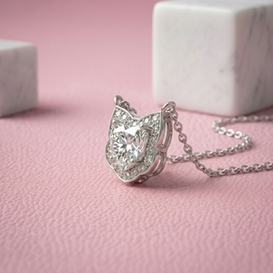 Exquis 1.0Ct Cat Face Lab Grown Diamond Halo Pendentif en or massif 10K 14K 18K Pendentif en diamant étincelant Cadeau pour son cadeau - Product Image 2