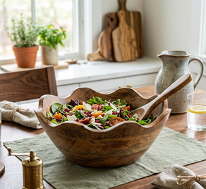 <b>Rustic</b> Scalloped Edge Wooden Salad Bowl – Organic Hand-Carved Tabletop Centerpiece & Fruit Holder - Product Image 2
