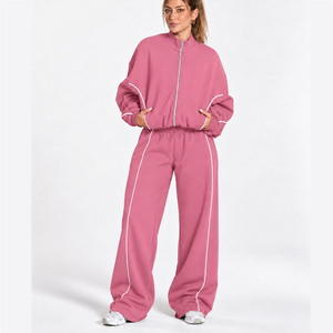 OEM <b>Women's</b> Contrastline Full Zip Tracksuit Two Piece Casual Outfit Relaxed <b>Jacket</b> And Wide Leg Pants Matching Apparel Set - Product Image 1