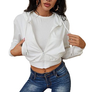 Women's <b>White</b> <b>Long</b> <b>Sleeve</b> Zipper Hoodie <b>Crop</b> <b>Top</b> Casual Knitted Sweatshirt Winter Solid Color Breathable Lined 100% Cotton - Product Image 2