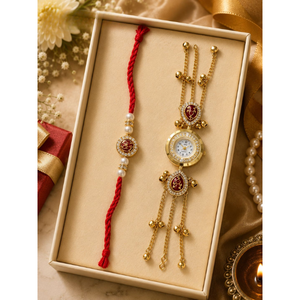 Montre de poche à chaîne dorée avec cordon rouge et perles, accent strass, accessoire de mode pour femme - Product Image 1