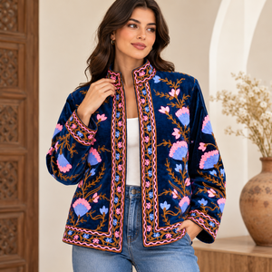Suzani Embroidered Cotton <b>Velvet</b> <b>Jacket</b> Floral Patterns Decorative Trim Multi Color for Winter Boutique Fashion Wholesale India - Product Image 4