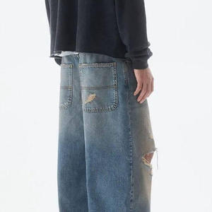 Men's Wide Leg Ripped Denim <b>Jeans</b> <b>Elastic</b> <b>Waist</b> Lightweight Cotton Casual Street Style Button Fly Distressed Stonewashed Pants - Product Image 5