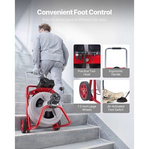 Macchina Portatile per la Pulizia degli Scarichi con Spirale Autoalimentata da 8 Piedi Cubi, Ruote e Cavo da 100 Piedi x 1/2 Pollice - Product Image 6