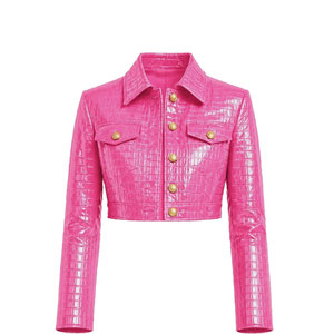 Chaqueta de Mujer Estilo Invernal, de Cuero con Grabado de Cocodrilo Rosa, Cuello Camisero y Botones Dorados, Largo Regular - Product Image 3