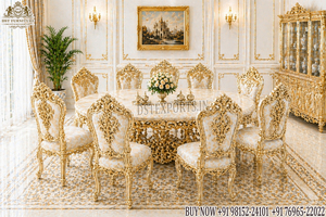 Juego de Comedor de Madera de Teca Sólida de Diseño Italiano de Lujo, Estilo Rococó Premium, 8 Plazas, Acabado en Dorado y Blanco, Muebles Redondos para Comedor - Product Image 5