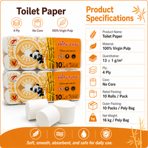 Papier toilette 4 plis sans mandrin 10 rouleaux/paquet x 10 paquets/sac plastique - Doux, absorbant, écologique - Product Image 1