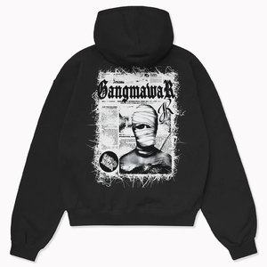 Sweat-shirt à capuche noir pour homme Gangmawalk, coupe ample, style streetwear, logo imprimé au dos, manches régulières, coton tricoté, style automne - Product Image 2