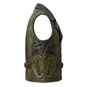 Men's <b>Vintage</b> Washed Genuine Leather Biker Vest Color Block Moto <b>Waistcoat</b> with Belt - Product Image 4