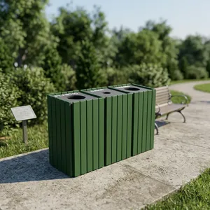 Poubelles de recyclage vertes à trois compartiments pour la séparation des canettes en plastique et des déchets, pour bureaux, écoles, centres commerciaux, parcs et espaces publics - Product Image 5
