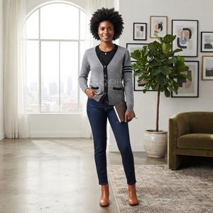 Cosh International Sisterhood Sorority Gray Knitted <b>Cardigan</b> Long Sleeve V-Neck <b>Button</b> Closure Casual Wear Contrast Color Design - Product Image 4