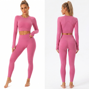 Ensemble de yoga 2 pièces pour femme : haut court à col rond et leggings taille haute longueur intégrale en Spandex et Polyester, haut à manches longues et legging - Product Image 1