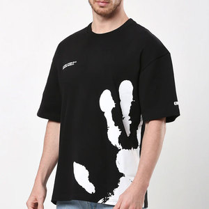 เสื้อยืดคอกลมโอเวอร์ไซส์สีดำลายพิมพ์นามธรรมสีขาวสไตล์สตรีท แขนสั้น ผ้าคอตตอนเจอร์ซีย์ ระบายอากาศได้ดี - Product Image 3