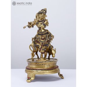 Escultura de latón de 10 \ "vaca Krishna con trabajo de piedra intrincado - Product Image 2