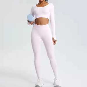 Custom Yoga Set Long Sleeve Scoop Neck Crop Top with Thumbholes & High Waisted Scrunch Booty <b>Leggings</b> Gym Activewear - Product Image 3