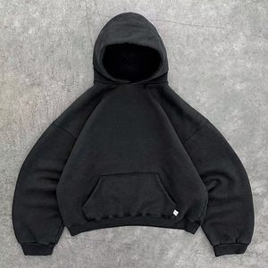 Unisex <b>Navy</b> Blue Oversized Crop Hoodie Regular Sleeve Solid Color Pocket Front Casual Hooded Sweatshirt Autumn Knitted Fleece - Product Image 3