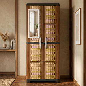Naiba Deluxe Long <b>Door</b> Plastic Wardrobe Cabinet with Rattan Style Rounded-Panel Hinged <b>Doors</b> and <b>Mirror</b> for Bedroom Storage - Product Image 1