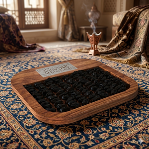 Plato de presentación decorativo de madera con incrustaciones de nácar y hueso, diseño floral, acabado pulido, para hotel - Product Image 1