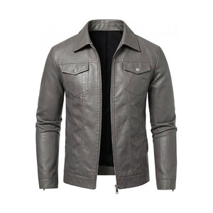 Chaqueta de Motociclista de Cuero PU Gris para Hombre, Cuello Camisero, Cierre de Cremallera, Corte Ajustado, Largo Regular, Color Sólido, para Otoño - Product Image 1