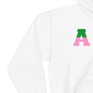 Sudadera con Capucha de Dos Tonos con Letras AKA, Sudadera de Forro Polar Premium, Ropa Personalizada para Hermandades Griegas, para Mujer, en Blanco, Verde y Rosa - Product Image 2