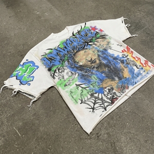 Low Grace Hand-Painted Oversized Men's T-<b>Shirt</b> Short Sleeve Street Style O-Neck Cotton Jersey Print - Product Image 3