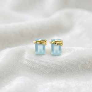 Wire Wrapped Ruby <b>Stud</b> <b>Earrings</b> 6x4mm Light <b>Blue</b> Brass Gold Plated Minimalist Women's Jewelry - Product Image 2