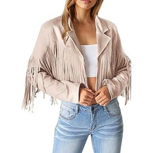 Chaqueta de cuero de gamuza estilo western para mujer, elegante abrigo bohemio con flecos, chaqueta de cuero de gamuza retro estilo vaquera. - Product Image 1