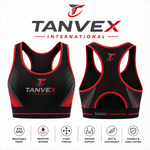 เสื้อชั้นในกีฬาสำหรับผู้หญิง TANVEX INTERNATIONAL แบบ Racerback สีดำแดง  รองรับปานกลาง ระบายอากาศได้ดี ซึมซับเหงื่อ เป็นมิตรต่อสิ่งแวดล้อม ด้านหน้า - Product Image 5