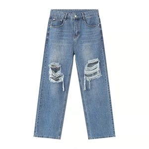 Jeans déchirés pour homme, coupe droite, délavage moyen, style décontracté, denim pour homme - Product Image 1