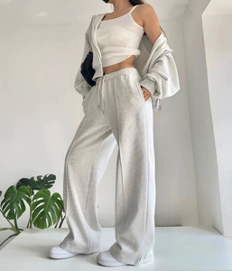 Ensemble de survêtement décontracté zippé oversize pour femme, en mélange de coton épais, avec sweat à capuche et pantalon de jogging ample, style streetwear et vêtements de détente - Product Image 3