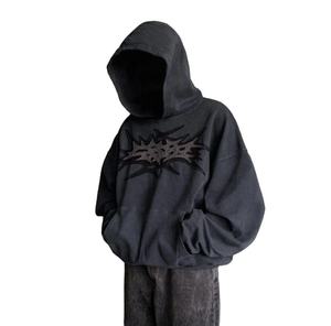 Sweat à capuche personnalisé en coton épais, sans cordon, avec motifs graphiques, patchs coupés et cousus, style streetwear vintage, délavé à l'acide et effet soleil. - Product Image 2