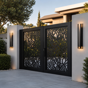 Puerta de entrada doble moderna de metal negro con un intrincado patrón cortado a láser y un elegante estilo exterior residencial contemporáneo. - Product Image 2