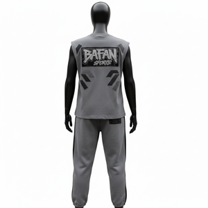 ชุดออกกำลังกายผู้หญิงแบบไม่มีแขน ผ้าฝ้ายผสมโพลีเอสเตอร์ถัก สีเทา-ดำ แต่งแถบสีตัดกัน พร้อมป้ายยางโลโก้แบบกำหนดเอง - Product Image 2